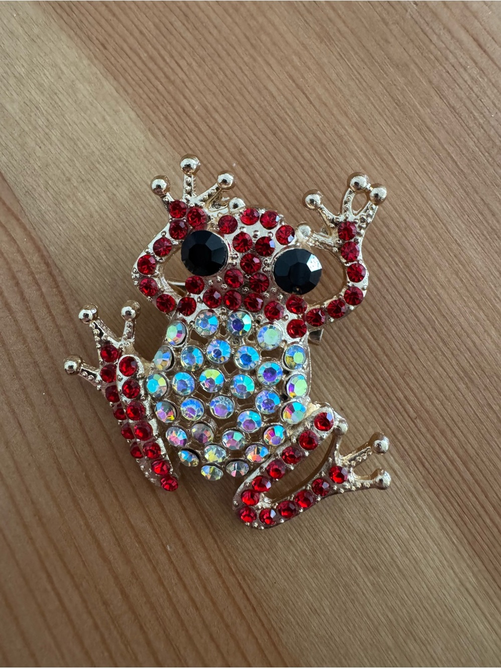 Rhinestone Frog Brooch with Red and Iridescent Stones
